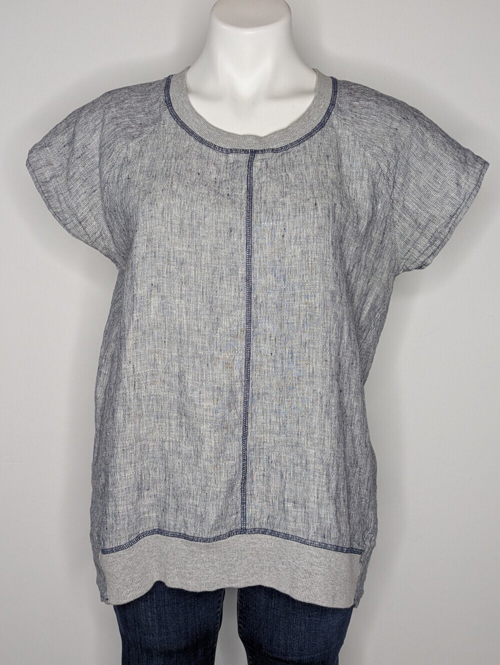 Foil Blue Grey Woven Short Sleeve Oversized Lagenlook Linen Top 6